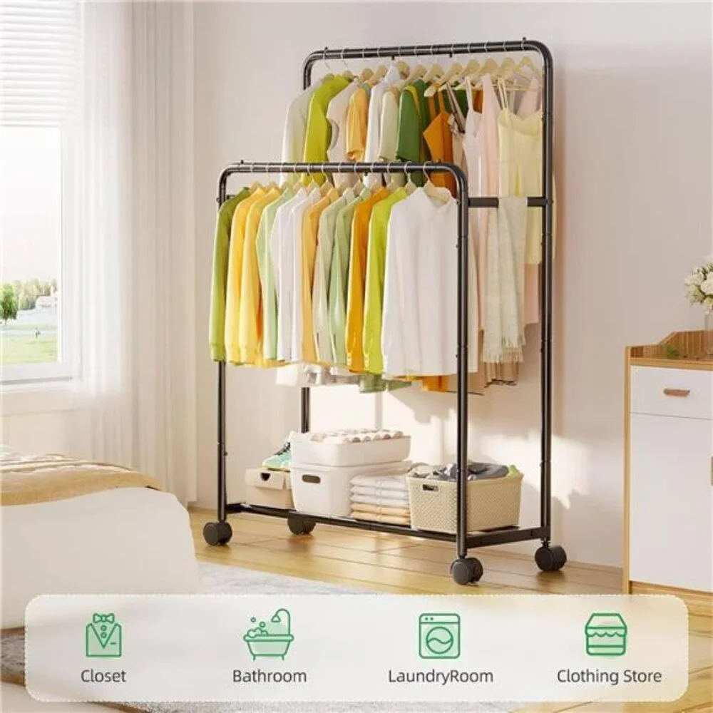 Rolling Clothes Rack Double Rod Garment Rack with Wheels Metal Black - Picture 2 of 7